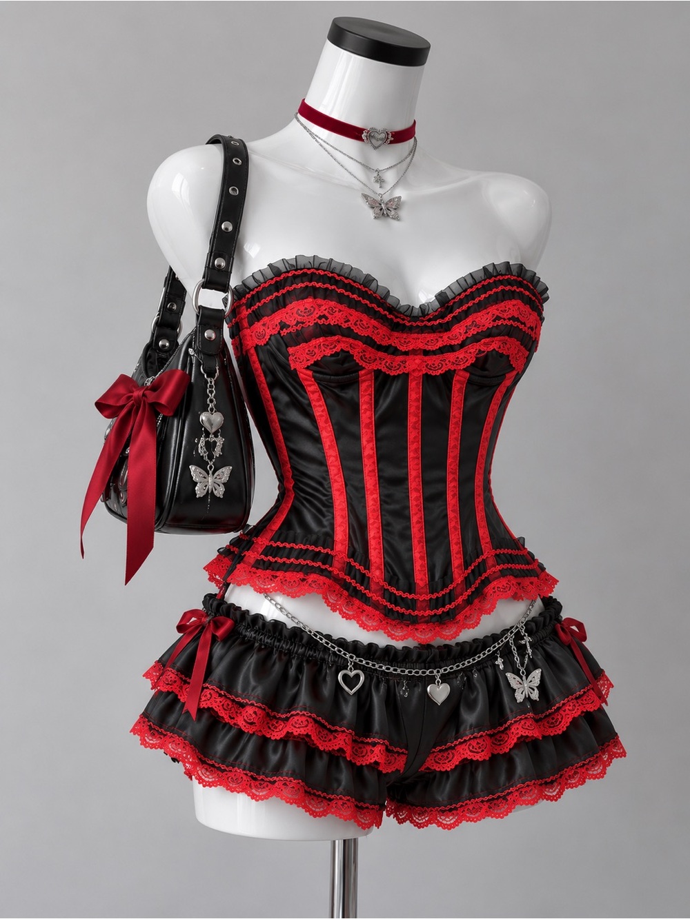 Black & Red Lace Strapless Satin Corset Bustier